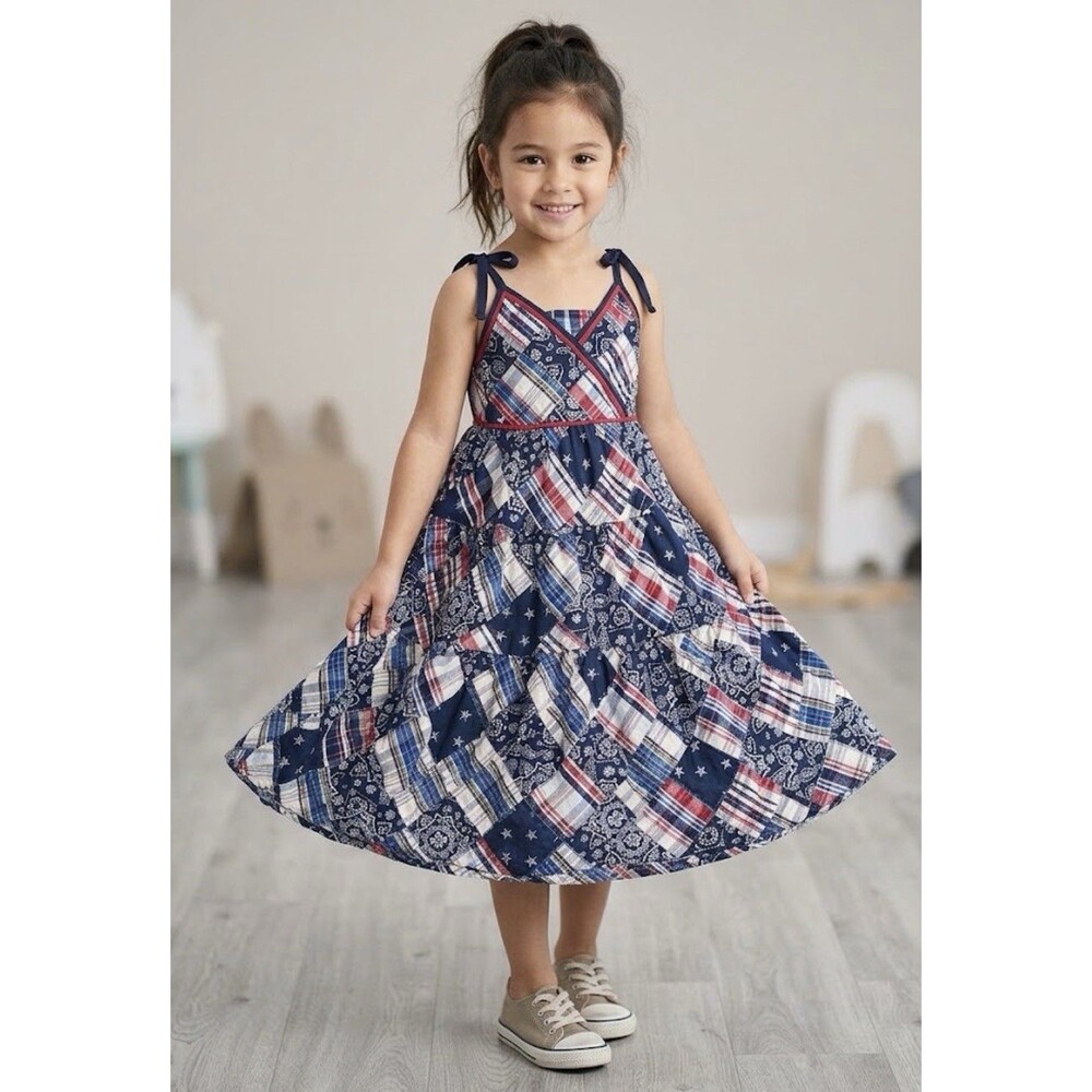 Children’s Place vintage patchwork dress Madras Plaid USA Bandana Sz 6-7